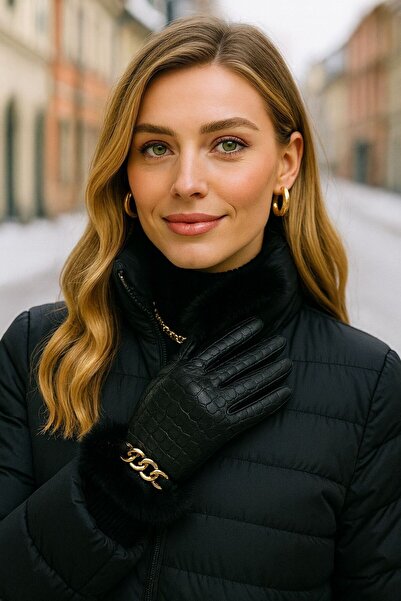 BALIENTE قفازات نسائية جلدية مع تفاصيل إكسسوارات سوداء