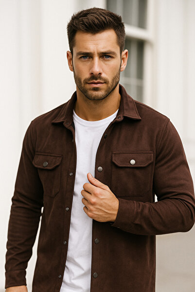 Rich Чоловіча коричнева замшева товста сорочка з двома кишенями, сезонна куртка