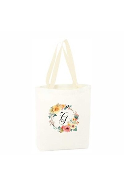 AFFIX THE DIFFERENT PERSPECTIVE White canvas shopping bag, long white handles, 34.5 x 38 cm, Flowers-Alphabet (letter G)