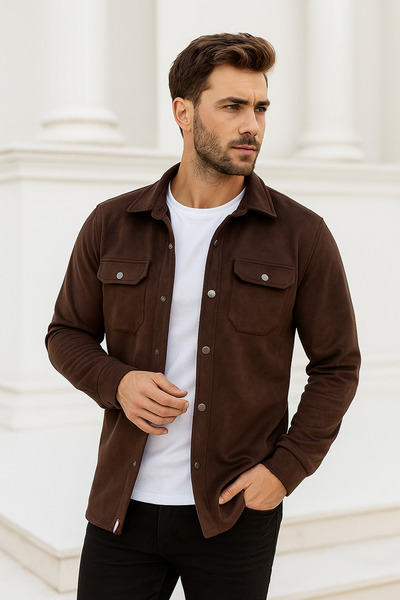 Rich Men's Brown Suede Thick Shirt Double Pocket Detailed Transitional Jacket