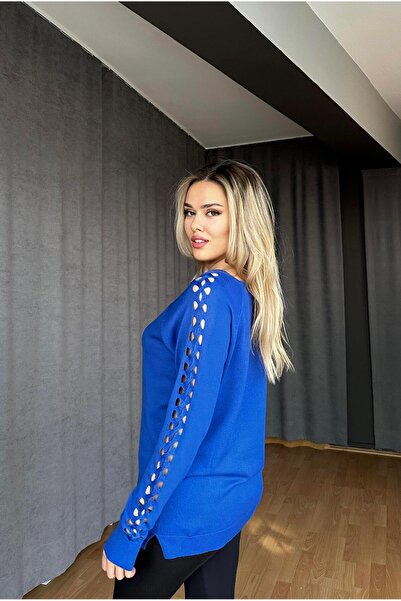 Seher Öztop Kolu Saç Örgülü Triko Kazak-Saks Mavi