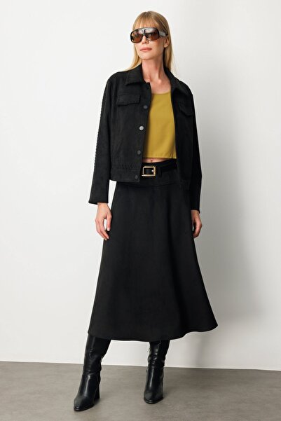 Ekol Snap Fastener Suede Coat Black 08015