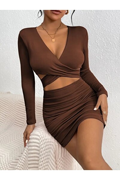 Meleners Women's Long Sleeve Cross Low-Cut Detailed Mini Sandy Dress