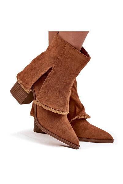 BOTO Botine pentru femei cu toc cu tiv răsucit Camel Idalia 36