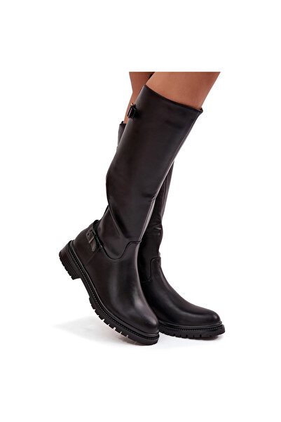 BOTO Botine izolate pentru femei cu toc plat cu capse Negre Sorelle 38