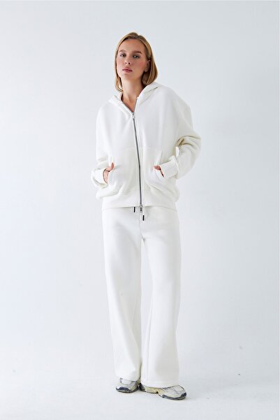 GIA - ART Women's Oversized Tracksuit Set Zip White – Zippered, Hooded , Wide Leg, 3 Thread Fleece-Lined Fleece