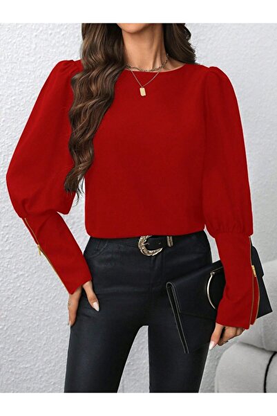 babatr.com Women's Long Sleeve Crew Neck Zipper Detailed Imported Crepe Blouse