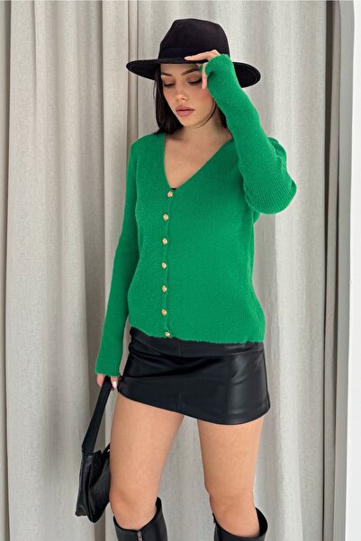 FEMELLE Women's Green Standard Size Gold Buttoned Soft Texture Knitwear Cardigan