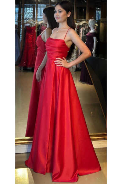 Abiyeniall Kırmızı İp Askılı Sırt Dekolteli Kloş Etekli Saten Uzun Abiye Elbise 7764