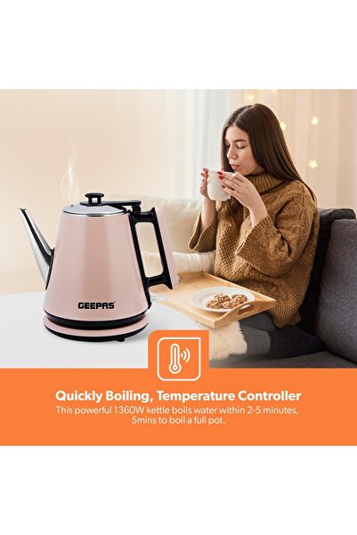 Geepas 1360W 1.2L Double-Wall Stainless Steel Cordless Electric Kettle, Auto Shut-Off