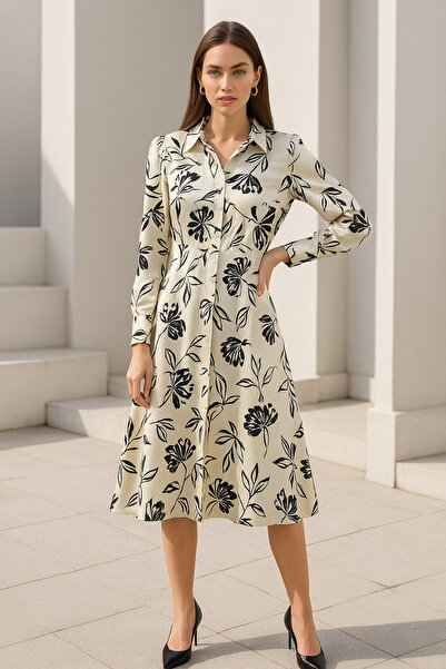 Rich Women's Black and White Satin Floral Pattern Design Dress