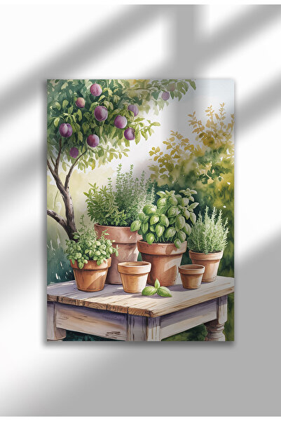 21mxm Poster pânză pentru fereastră fără ramă - Imprimeu digital în stil acuarelă - grădină rustică cu ghivece de lut