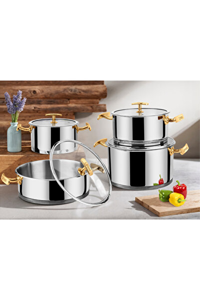 Lines Luxury 8 Piece Gold Handle Stainless Steel Cookware Set