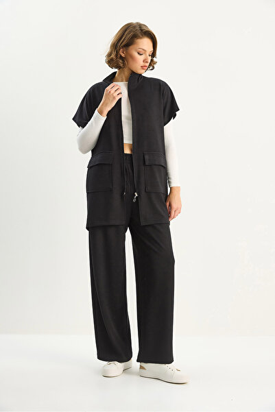 Bianco Lucci Women's Elastic Waist Large Pocket Detailed Vest Loose Pants Top-And-Bottom Modal Set 8607 60283733