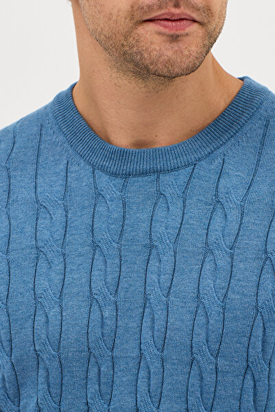 Frappoli Мъжки пуловер с обло деколте от памук с индиго цвят и плетени мотиви