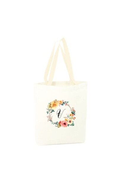 AFFIX THE DIFFERENT PERSPECTIVE White canvas shopping bag, long white handles, 34.5 x 38 cm — Flori-Alfabet (letter V)