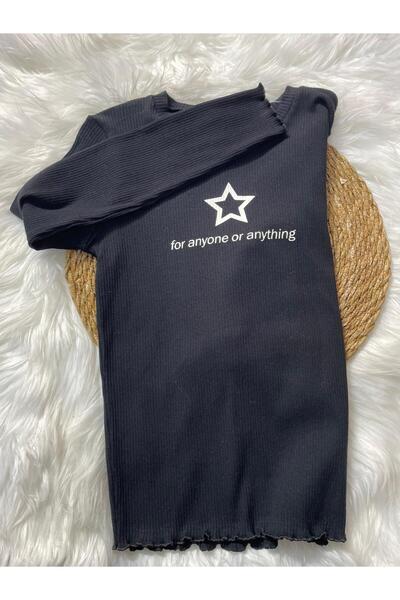 mayakids بلوزة أطفال مكشكشة باللون الأسود مع كتابة على الواجهة