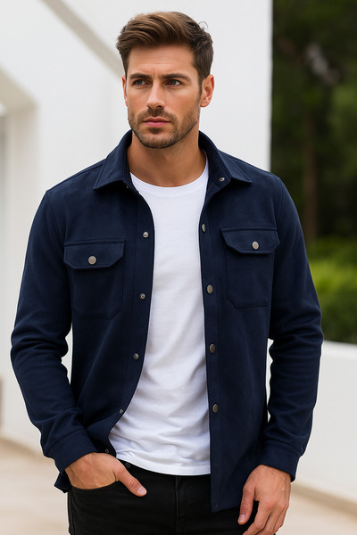 Rich Чоловіча темно-синя замшева сорочка з подвійними кишенями, сезонна куртка