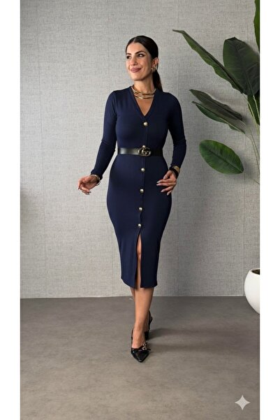 JANES Γυναικείο μακρυμάνικο φόρεμα με λαιμόκοψη σε σχήμα V με κουμπιά μπροστά...