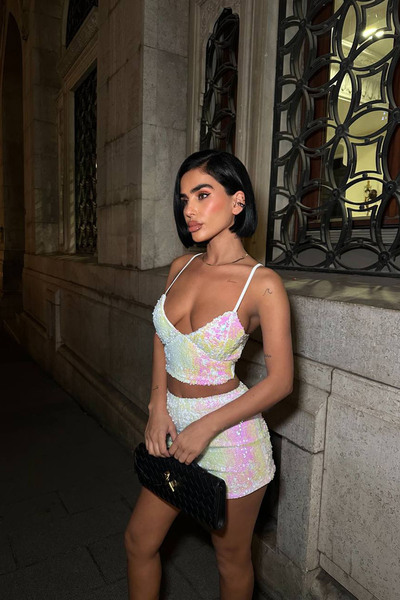 Neşeli Butik Women's Sequin Strap Crop Shorts Two-Piece Set Nbdf168