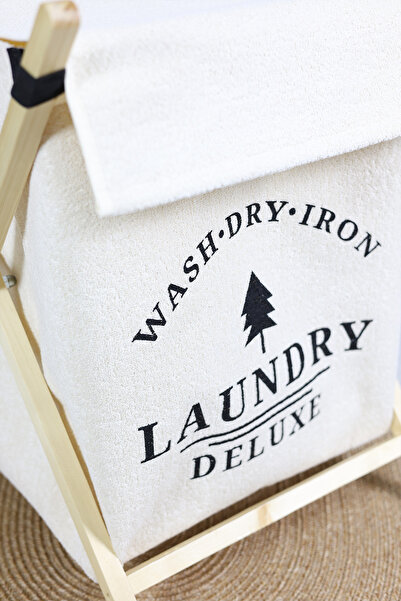 HomyJRs Laundry Baskılı Kapaklı Ahşap Destekli Kare Kıyafet Kirli Çamaşır Sepeti 40 x 30 x 50