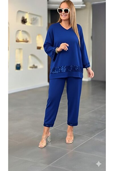 Ekince Women's Long Sleeve V-Neck Pulpayet Viscose Two Thread Blouse and Pants Set