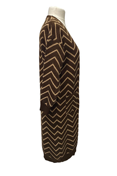 Giyinen Mağazaları Zambak Front Open Comfortable Fit Striped Double Pocket Low Sleeve Soft Knitwear Winter Cardigan