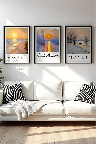 huhuli Ahşap Siyah Çerçeveli Claude Monet Tablo Seti Huhu561