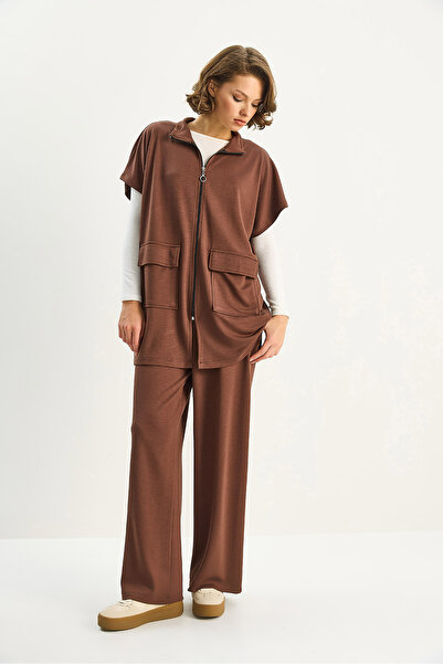 Bianco Lucci Women's Elastic Waist Large Pocket Detailed Vest Loose Pants Top-And-Bottom Modal Set 8607 60283733