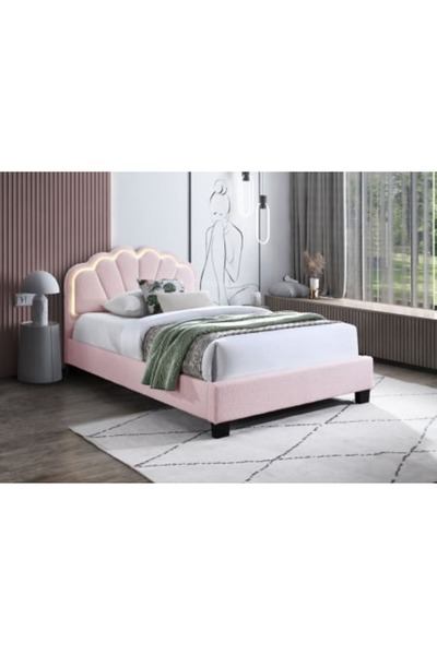OEM Comfort 2 upholstered bed with LED, 140x200, wooden frame with fixed slatted base, pink color
