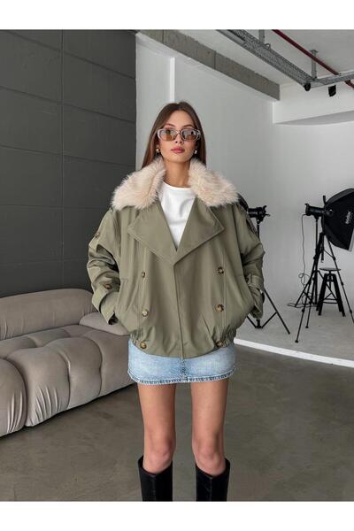 OYKUWEAR Jeksa Yakası Kürk Detay Kısa Mint Trençkot