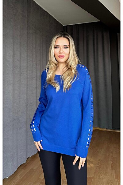 Seher Öztop Kolu Saç Örgülü Triko Kazak-Saks Mavi