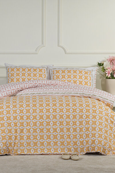 Elart Amanda Bedding Set King Size 100% Cotton Ranforce Fitted Sheet (240X220 cm) Yellow