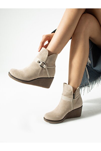 ALEMDAR AYAKKABI Γυναικείες μπότες PİUMA Cream Suede Wedge Heeled