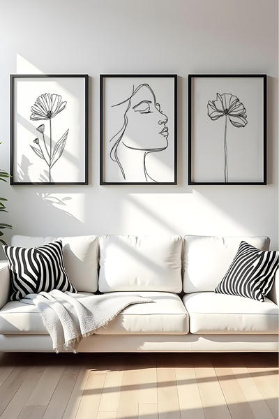 huhuli Ahşap Siyah Çerçeveli Minimalist Line Art 3'lü Tablo Seti Huhu533