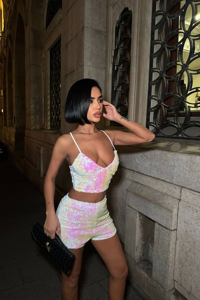 Neşeli Butik Women's Sequin Strap Crop Shorts Two-Piece Set Nbdf168