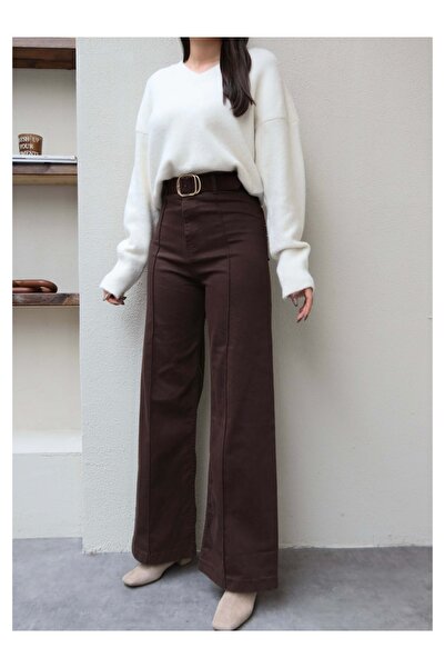 ESRAHELVACI Wide Leg Stretch Fabric Pants with Stitching Detail