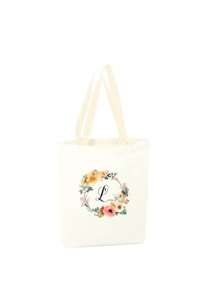AFFIX THE DIFFERENT PERSPECTIVE White canvas shopping bag, long white handles, 34.5 x 38 cm, Flowers-Alphabet (letter L)