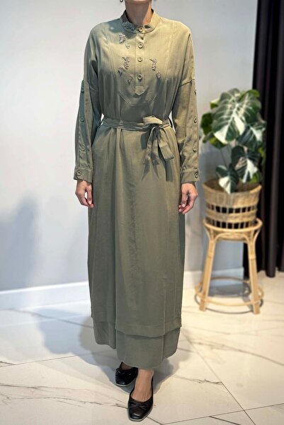 Ceremony Button Detailed Dress on the Sleeves and Hem 6701 Khaki