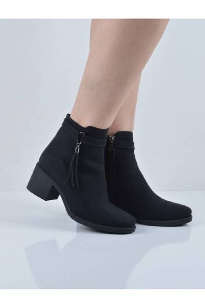 Şanslı Ayakkabıcılık Siyah Süet Yandan Püsküllü Kalın Topuk Bot