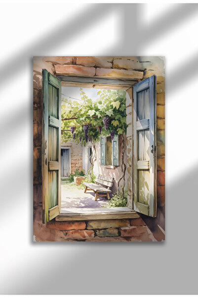21mxm Unframed Window Canvas Poster - Watercolor-Style Digital Print - Courtyard with grapevines and bench