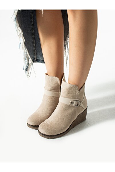 ALEMDAR AYAKKABI Γυναικείες μπότες PİUMA Cream Suede Wedge Heeled