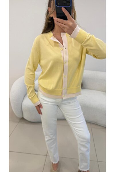 Şulenin Butiği KOL VE ÖNÜ ŞERİTLİ HIRKA SARI