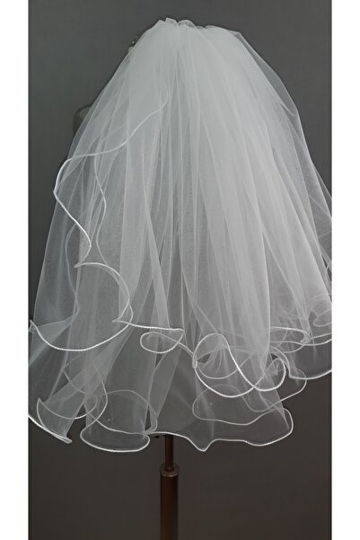 Suzanna Moda 60x50_Çift_Kat_Kabarık_Dalgalı_Bukleli_Şeritli_Taraklı_Krem Hayal Tül Duvak
