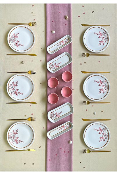 Erbaşlar Lüx Seramik Sakura Çiçeği 14 Parça 6 Kişilik Kahvaltı Takımı, Seti