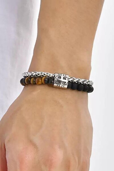 TAKIŞTIR Mixed Color Chain and Bead Detailed Steel Men's Bracelet