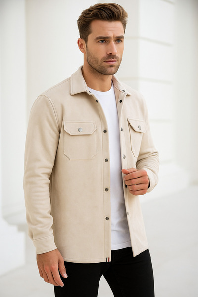 Rich Чоловіча бежева замшева товста сорочка з двома кишенями, сезонна куртка