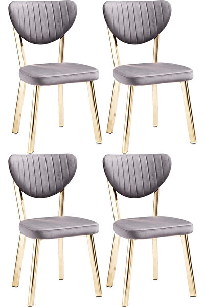 Puklife 4 Adet Ecrin Mutfak/ Salon/ Balkon Sandalyesi Gold Metal Ayak Gri Sır...