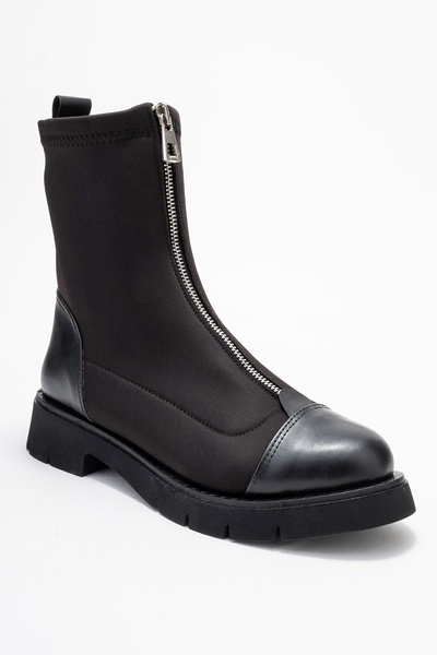 LuviShoes MARTOS Siyah Cilt Streç Önden Fermuarlı Kadın Bot