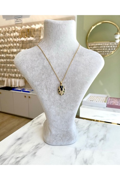 Lilyum Aksesuar Zirkon Taşlı Siyah Yeşil Yılan Figürlü Gold Altın Sarı Renk Ç...